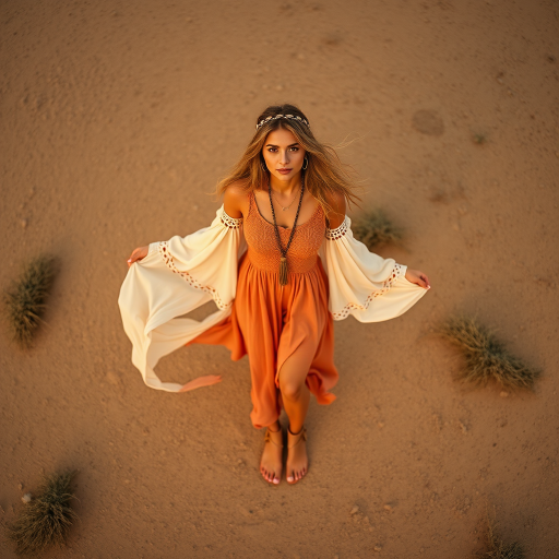 Desert setting, bohemian model, flowy dresses, earthy tones, rustic sunset effect,  equipped with a 12mm lens to capture an overhead view of the model, emphasizing symmetry and spatial positioning
