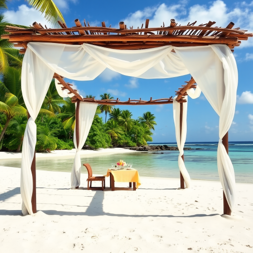 Create a picturesque tropical beach scene featuring a serene, white sandy shore. In the foreground, there's a rustic wooden canopy with white drapes gently flowing in the breeze. Underneath the canopy, a table is set with tropical decor, evoking a sense of relaxation and leisure. The beach extends into a calm, shallow water area with reflections of the sky and surroundings. Palm trees and lush greenery line the edge of the beach, providing a natural, tropical backdrop. The sky is clear with a few scattered clouds, and the overall atmosphere is tranquil and inviting, perfect for a peaceful retreat.
