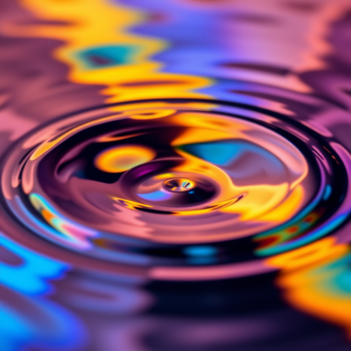 Create an abstract image of colorful water ripples with a high saturation and sharp focus using a DSLR camera with a 50mm lens, aperture set to f/1.8, ISO 100, and a shutter speed of 1/200s, in a macro style.