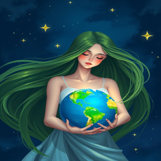 Create an illustration of a serene woman with long flowing green hair, gently cradling a vibrant Earth globe, surrounded by twinkling stars in a deep blue night sky, using a digital painting style, with a focus on bright colors and smooth gradients, set at a resolution of 300 DPI, using a 50mm lens in soft focus to emphasize the character while softly blurring the background.