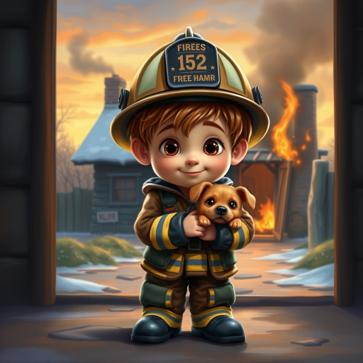 airbrushed oil painting, pixar style, cute little boy in fireman gear, helmet, tousled hair, expressive eyes, standing in the doorstep of a cottage burning behind him, holding a cute little dog in his arm, atumn sky
