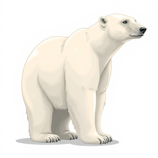 create a detailed illustration of a polar bear standing sideways with a smooth and glossy finish, using a DSLR camera with a 50mm lens, aperture set to f/8 for depth of field, ISO 100 for clarity, and a soft natural light to enhance highlights and shadows.