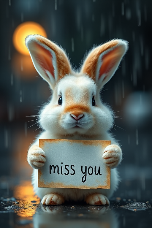 Cute fluffy bunny holding a "I miss you" sign in the rain, high-resolution, DSLR camera, 50mm lens, f/1.8 aperture, ISO 200, soft focus background, dramatic lighting with rain effects.