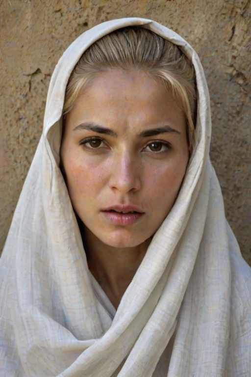 Create a close-up photographic image of a Turkmen woman with light skin tones shown against an old, worn wall. Their head is wrapped in a white cloth covering (i.e.... parts of the head except the nose and mouth, which are open as if they are screaming...), with a slight texture and visible folds in the fabric. Thin strands of blonde hair escape from the wrapping above, falling lightly at the top and sides. Their hands hold the fabric as if they are tugging nervously. The lighting is dramatic and even, casting strong shadows. The image has a minimalist and surreal style with an emphasis on simplicity with soft color tones. The composition is centered.