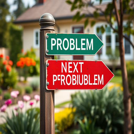 Create a hyper-realistic image of a directional sign post with one sign pointing left labeled "PROBLEM" in bold white text on a green background and another sign pointing right labeled "NEXT PROBLEM" in bold white text on a red background, with a beautifully blurred garden and house in the background, using a DSLR camera at f/2.8 aperture, ISO 100, 50mm lens, shot in natural light from a low angle to enhance depth of field and clarity.