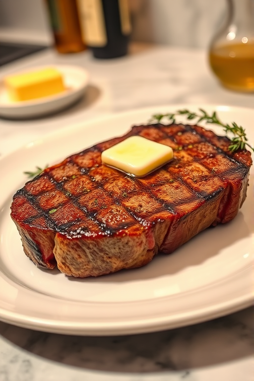 Create an image of a perfectly seared ribeye steak, resting on a white plate with a pat of melting butter on top. The steak is seasoned with fresh herbs like thyme and parsley, with glistening juices highlighting the texture of the meat. The background features a soft focus on a light, marble countertop, with a small dish of butter and an olive oil bottle in the distance. The overall mood should be warm and inviting, capturing the deliciousness and juiciness of the steak.