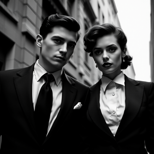 Black-and-white photograph, couple, tailored suits, retro hairstyles, film noir style, Tilt the camera for a dynamic Dutch angle using a versatile 24-70mm lens