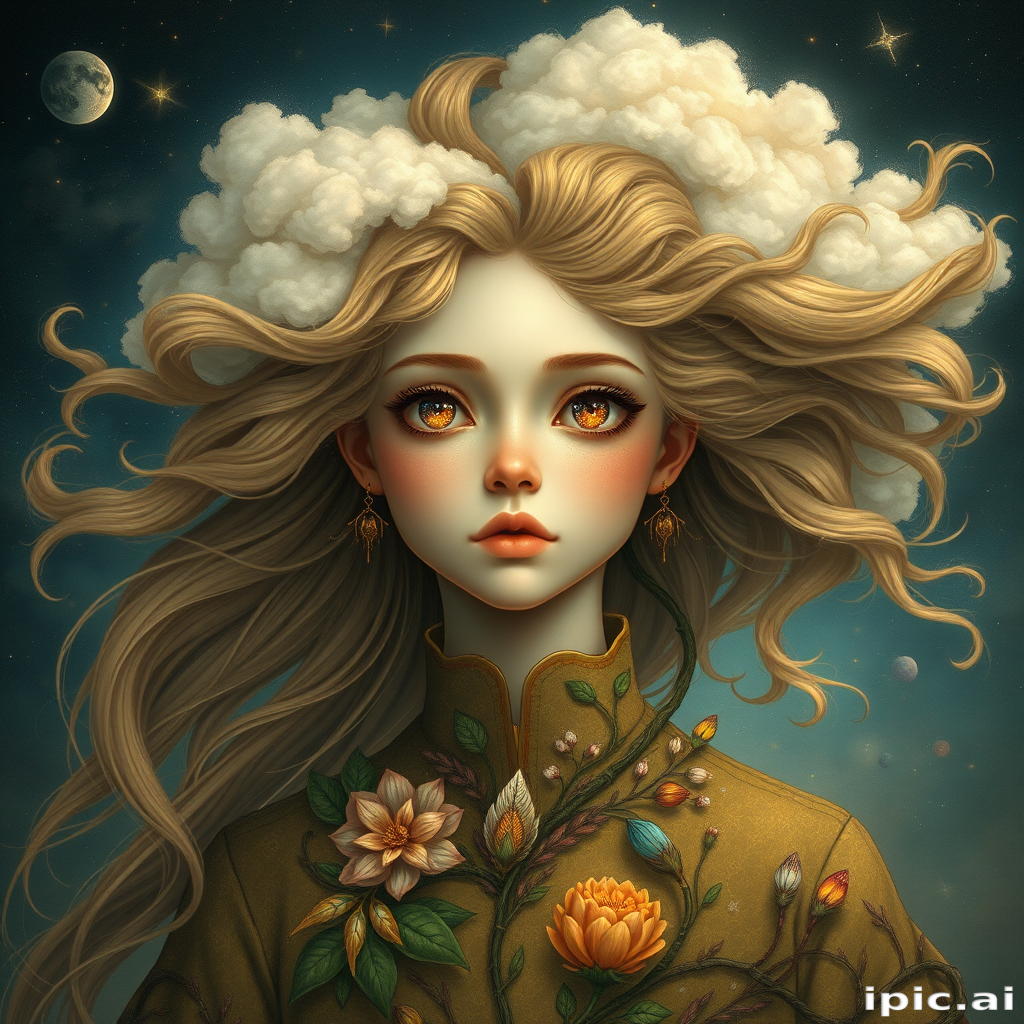 Create a series of imaginative portraits where each subject is infused with elements of fantasy and nature. The hair of the individuals should flow like clouds, varying from soft, fluffy cumulus to wispy cirrus strands, with hints of color reflecting a sunset or a clear blue sky. The eyes should be windows to entire galaxies, with stars, nebulae, and distant planets visible within them. Clothing should be adorned with nature motifs, such as floral patterns that bloom and change, vines that seem to grow and wrap around, or feathers that shimmer with iridescence. Each portrait should capture a unique personality, blending human features with the ethereal beauty of the natural and cosmic world. The backgrounds can vary, from starry night skies to enchanted forests, adding depth and context to the magical realism of the portraits