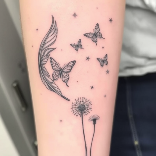 Sketch-style tattoo named "Ephemeral Dreams" featuring delicate pencil-like strokes creating a whimsical scene of floating feathers butterflies and dandelion seeds with subtle shading and crosshatching techniques