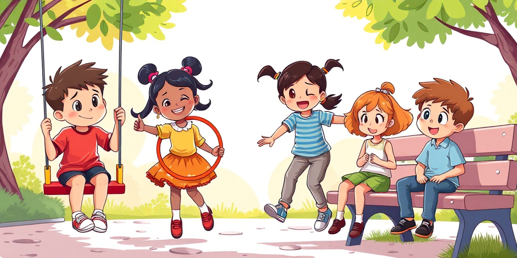 Create a vibrant, high-quality illustration of four diverse children playing together, one sitting on a swing, one jumping with a hoop, one smiling while sitting on a bench, and one looking surprised, captured in a bright, sunny park setting, using a digital drawing method with a resolution of 300 DPI, wide angle view, and colorful, playful style.