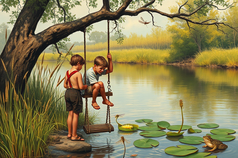 Imagine a small group of old fashioned young boys out fishing by the creek, a swing hanging from a tree branch, reeds and grasses by the water's edge, a frog sitting on a lily pad, dragonflies hovering over som water plans, a very iconic old fashioned scene reminiscent of a Norman Rockwell painting style