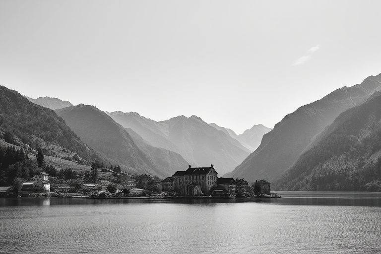 black and white landscape photograph of a lakeside village nestled among mountains during midday with clear skies, ISO 100, f/11, shutter speed 1/200, 24mm lens, wide-angle view, DSLR camera