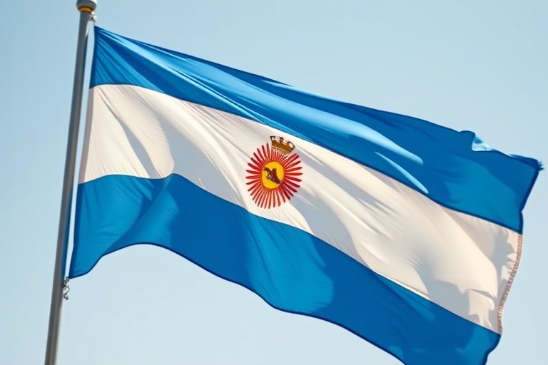 Generate an image of the Argentine flag waving in the wind, captured with a Canon EOS R5 at 50mm, f/1.8, ISO 100, with natural lighting and a shallow depth of field to enhance color vibrancy and detail.