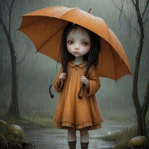 An eerie, weird little girl with dark hair in thin pigtails, wearing a smock dress, standing in the rain, holding a dirty orange umbrella, a small, odd creature beside her. In a surreal style inspired by Nicoletta Ceccoli and Brian Froud. Dark fantasy themes