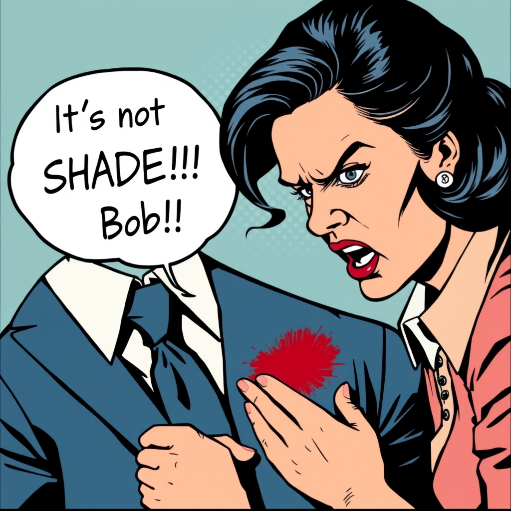 A pop art piece of a very angry wife discovering a lipstick stain on a man's dress shirt. Make the print on his collar. Put a word balloon above the wife's head that says 'It's not my SHADE Bob!!!'