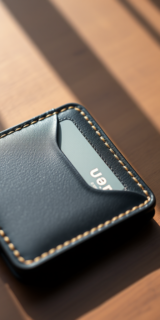 Create a high-resolution image of a minimalist wallet with a card partially visible, using a DSLR camera at f/2.8 aperture, 50mm lens, in natural lighting, with a focus on the wallet's texture and detail.