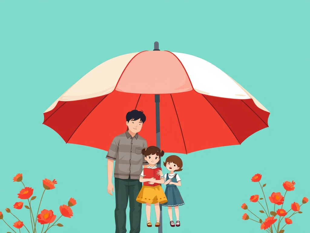 Generate a family illustration of two adults and a child under a large red and white umbrella, on a solid turquoise background, using a high-resolution digital camera, 50mm lens with an aperture of f/1.8, soft focus style, taken from eye level.