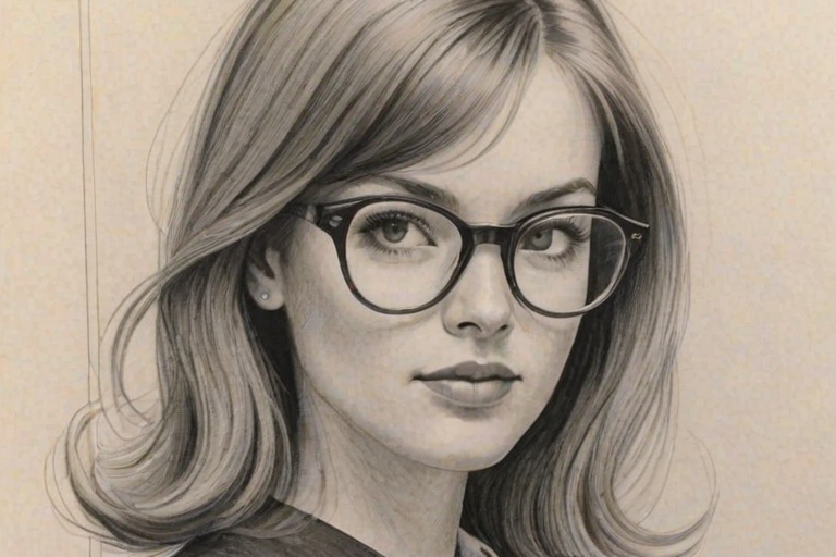 Gorgeous Caitlin Gerard, pencil sketch, portrait of Exquisite woman 1962s in glasses, hair style beatnik, outline, clear lines, fine lines, 8k