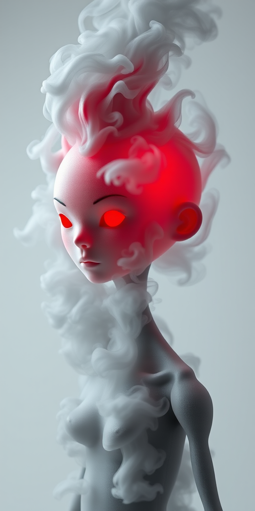 Generate a 3D character design of a humanoid figure with a red-tinted head, surrounded by wisps of gray smoke, using a Canon EOS R5 camera at f/8, 1/125 sec shutter speed, ISO 100, in a studio lighting setup with a clean white background.