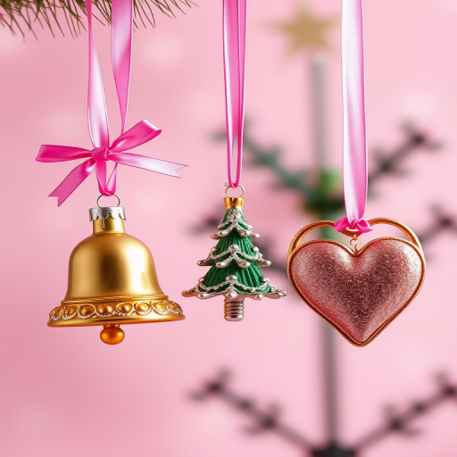 Create a high-resolution image of three Christmas ornaments including a bell, a tree, and a heart hanging from pink ribbons against a soft pink starburst background, shot with a DSLR camera, 50mm lens, f/2.8 aperture, ISO 200, and 1/125s shutter speed.