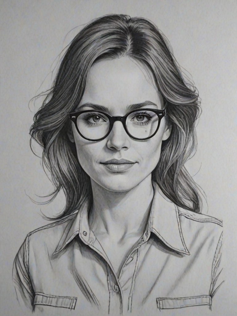 Charming Melanie Chisholm, pencil sketch, portrait of Fascinating woman 1976s in glasses, hair style beatnik, outline, clear lines, fine lines, 8k