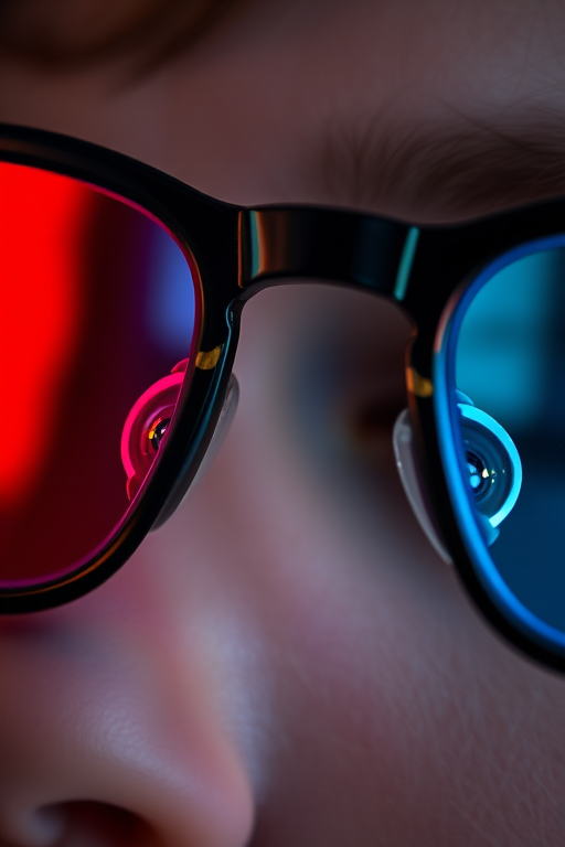 Create an image of 3D glasses with red and blue lenses, taken with a Canon EOS R5, aperture f/4, shutter speed 1/200 sec, ISO 100, in a close-up view, with soft lighting to enhance details and colors.