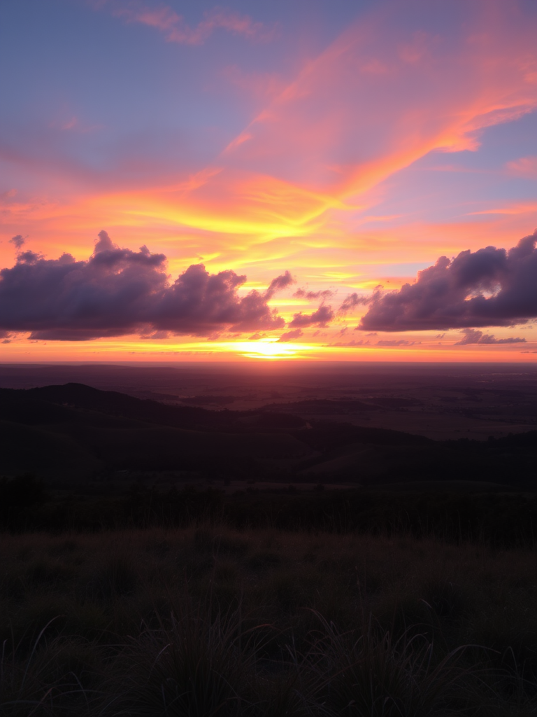 Create a high-resolution image of a tranquil landscape at sunset with vibrant colors and soft clouds, using a DSLR camera, 50mm lens, aperture f/1.8, ISO 100, shutter speed 1/250s, capturing a wide angle view that emphasizes depth and detail.