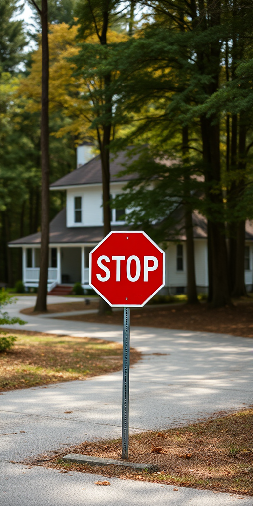 capture a clear image of a stop sign in a wooded area with a house in the background, use a DSLR camera with a 50mm lens, aperture f/2.8 for shallow depth of field, shutter speed 1/200s, ISO 100, focus on the sign while slightly blurring the background for enhanced detail and quality