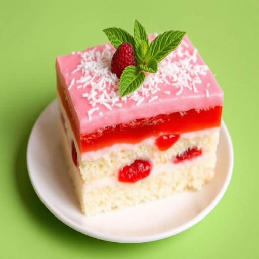 A delicious layered cake with a base of fluffy white cake topped with vibrant red gelatin and a creamy pink frosting covered in shredded coconut garnished with a fresh raspberry and mint leaf served on a white plate with a green background.