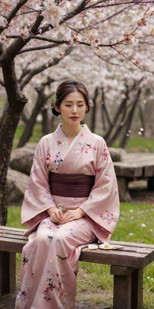 Peaceful garden filled with cherry blossoms, petals falling like snow, a woman in a kimono sits on a wooden bench, sipping tea, the gentle breeze carrying the scent of flowers.