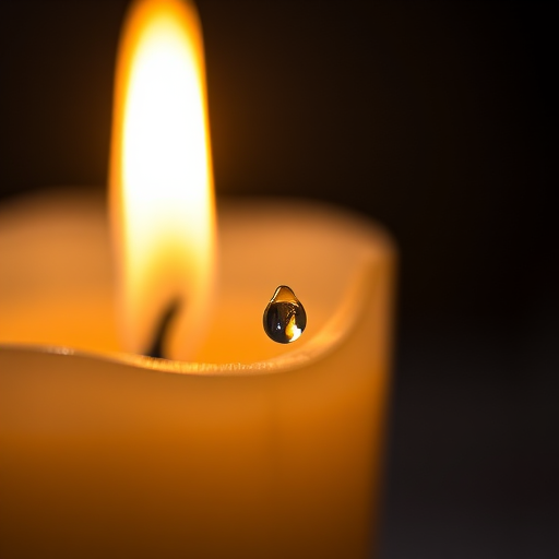 Close-up of a lit candle with a droplet of wax hanging from the wick, background featuring a softly glowing candle, 50mm lens, f/1.8 aperture, ISO 100, low light setting, macro photography, DSLR camera.