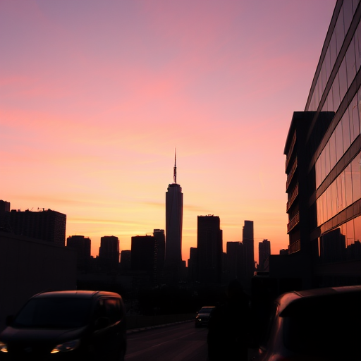 Sharp, high-contrast photo of a city skyline at dawn, buildings silhouetted against a pink and orange sky, soft light reflecting off glass windows, distant cars and pedestrians starting their day, a sense of quiet anticipation captured.