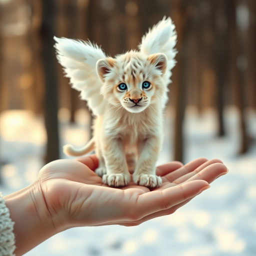A small, white lion cub with angelic wings standing on a human hand. The cub has a soft, fluffy texture with detailed fur, expressive blue eyes, and a curious expression. The wings are large and feathery, blending seamlessly with its fur, giving an ethereal appearance. The background is a winter forest, with the ground covered in snow and blurred brown trees, creating a serene atmosphere. The human hand in the foreground is positioned palm-up, supporting the lion cub gently, fingers slightly curled. The lighting is soft and diffused, enhancing the tender and magical feel of the scene. Colors are predominantly neutral with white, cream, and soft browns, contrasting with the subtle blue of the lion cub's eyes. The overall composition is balanced, with the cub at the center, creating a focal point that draws the viewer's attention immediately.