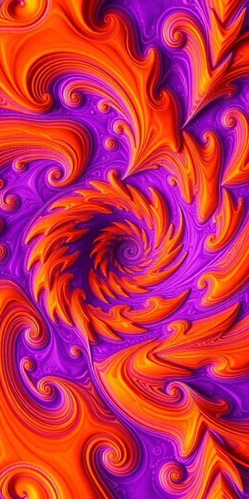 create a high-resolution fractal art piece featuring intricate swirling patterns and vibrant colors of orange and purple, shot with a Canon EOS 5D Mark IV at f/8, ISO 100, and a shutter speed of 1/125s from a symmetrical perspective, using a macro lens to capture fine details and enhance image sharpness.