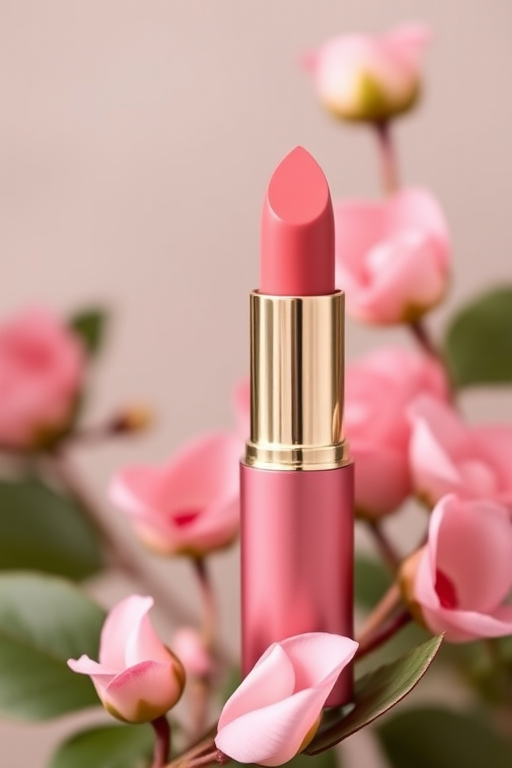 Elegant "Rose Petal" satin-finish lipstick in soft pink, infused with nourishing oils for a smooth application, perfect for romantic and feminine styles