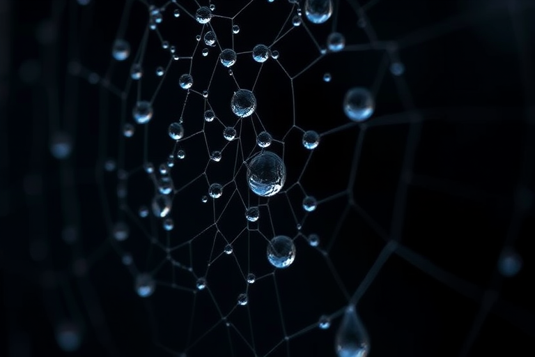 macro photograph of water droplets on a spider web with a dark background, aperture f/2.8, shutter speed 1/200s, ISO 400, focal length 50mm, natural light, DSLR camera, close-up view