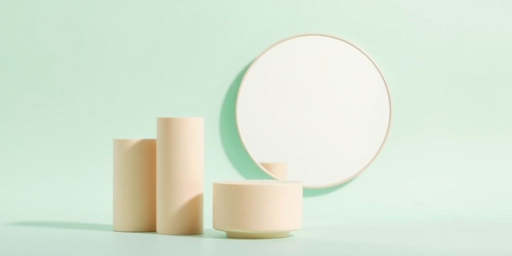 minimalistic composition of three cylindrical objects and a round mirror against a soft mint green background, shot with a Canon EOS R5, aperture f/2.8, ISO 100, 50mm lens, natural soft lighting, focus on the textures and colors, shallow depth of field