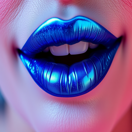 Electric blue liquid lipstick "Neon Frost" with metallic finish and cool undertones, ideal for avant-garde makeup and bold statements, long-wearing and non-drying formula