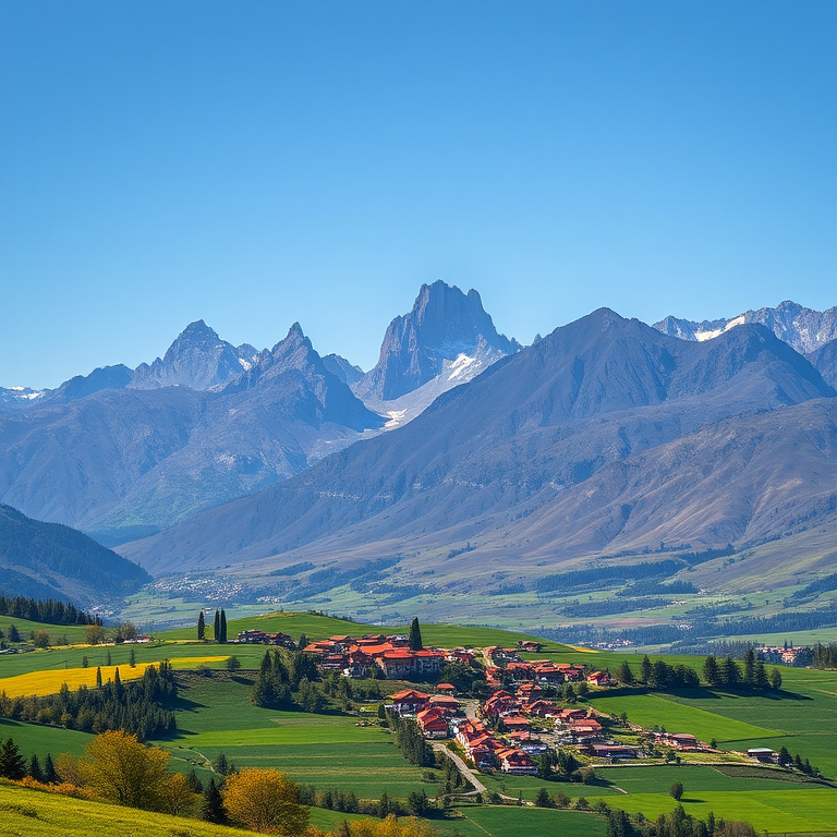 Landscape of mountains with a village in the foreground surrounded by green fields, natural lighting, captured with a DSLR camera at 24mm focal length, f/8 aperture, ISO 200, vibrant colors and high dynamic range.