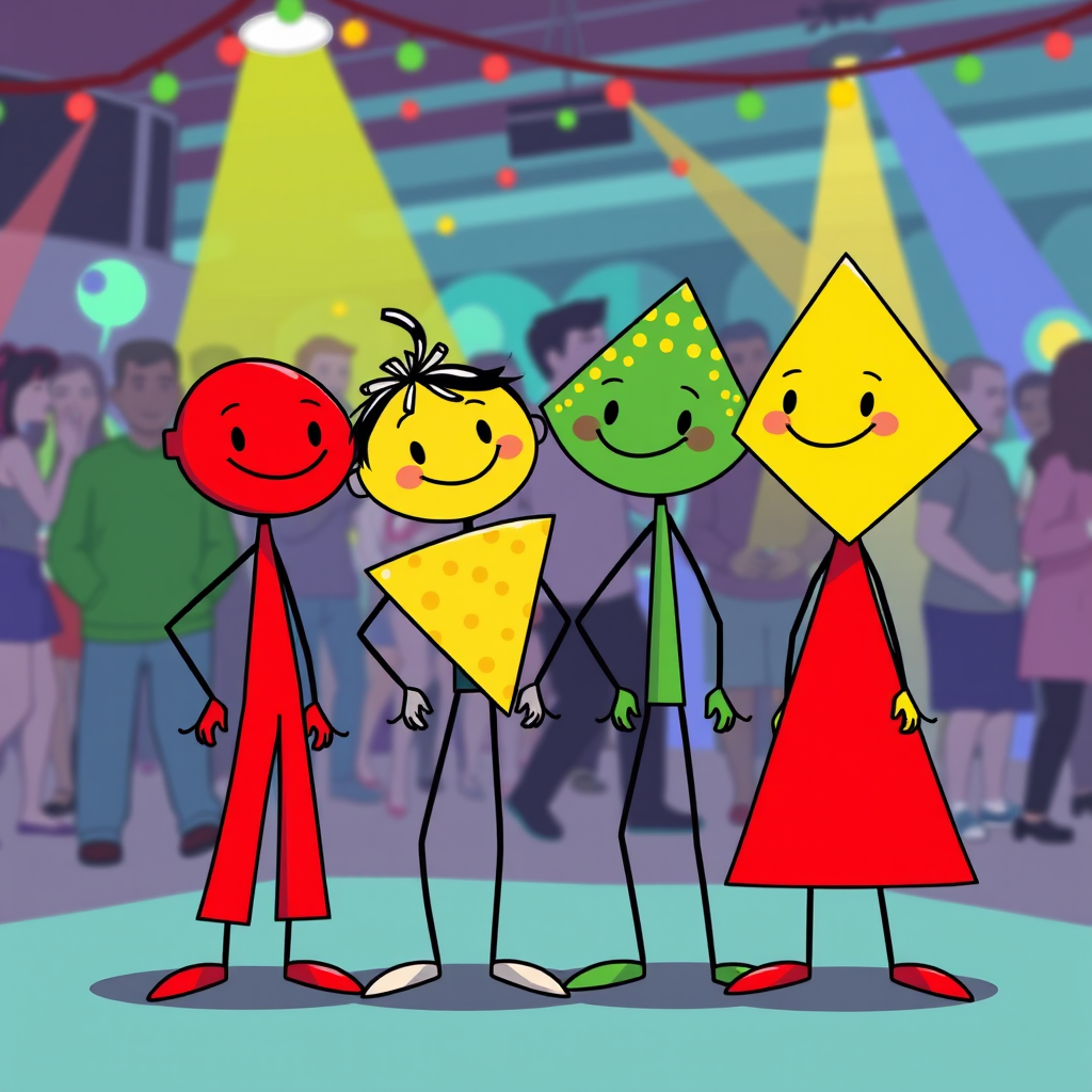 Create a vibrant illustration of four cartoon stick figures with playful expressions, each wearing unique geometric shapes in bright colors: red, yellow with patterns, green, and red again, captured in a lively party atmosphere using a DSLR camera with a 35mm lens, f/1.8 aperture, ISO 200, and a wide-angle view for enhanced image quality.