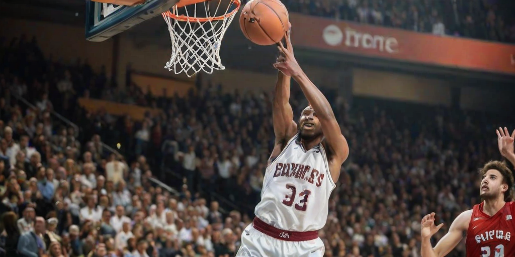 Blurry action shot of a basketball player mid-air, going for a slam dunk, soft focus on the cheering crowd in the background, with the excitement of the game filling the air.