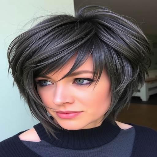 Charcoal grey long pixie cut called "Smoky Quartz" featuring textured layers and wispy bangs, styled with a tousled, bedhead look for effortless cool