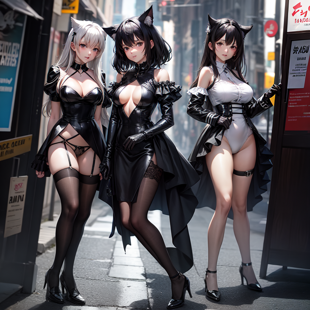 Three Anime catgirls with black heels