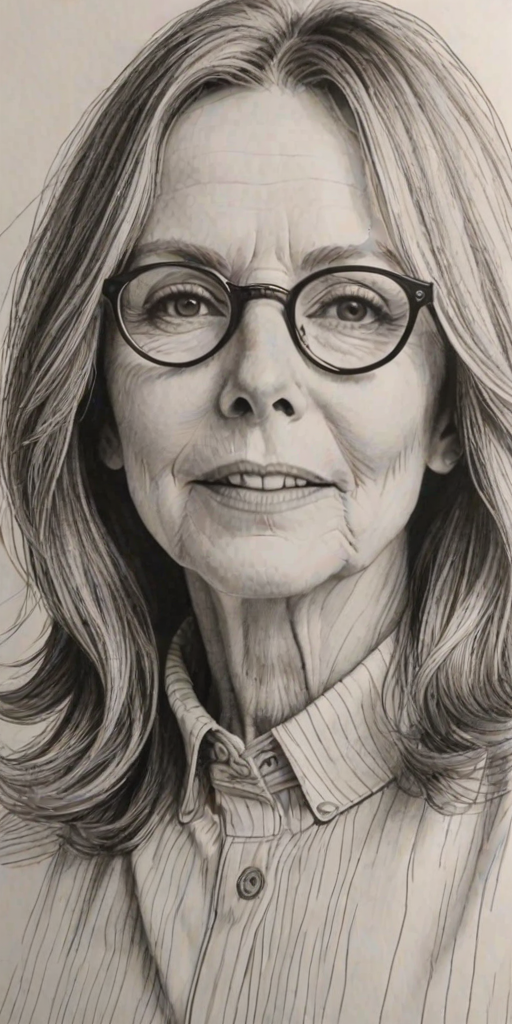 Bewitching Diane Keaton, pencil sketch, portrait of Splendid woman 1972s in glasses, hair style beatnik, outline, clear lines, fine lines, 8k