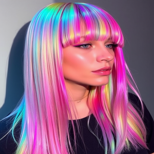 Multicolored holographic hair styled in a long, straight cut with a blunt fringe, shifting colors as it catches the light, creating a mesmerizing optical illusion effect called Prismatic Veil