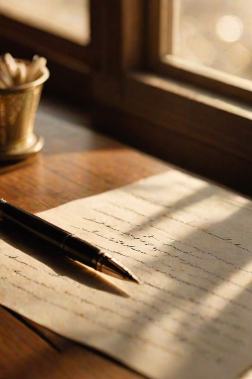 Close-up of a handwritten letter on a wooden desk, with soft sunlight streaming through a nearby window, casting delicate shadows across the paper and an old-fashioned pen resting beside it.