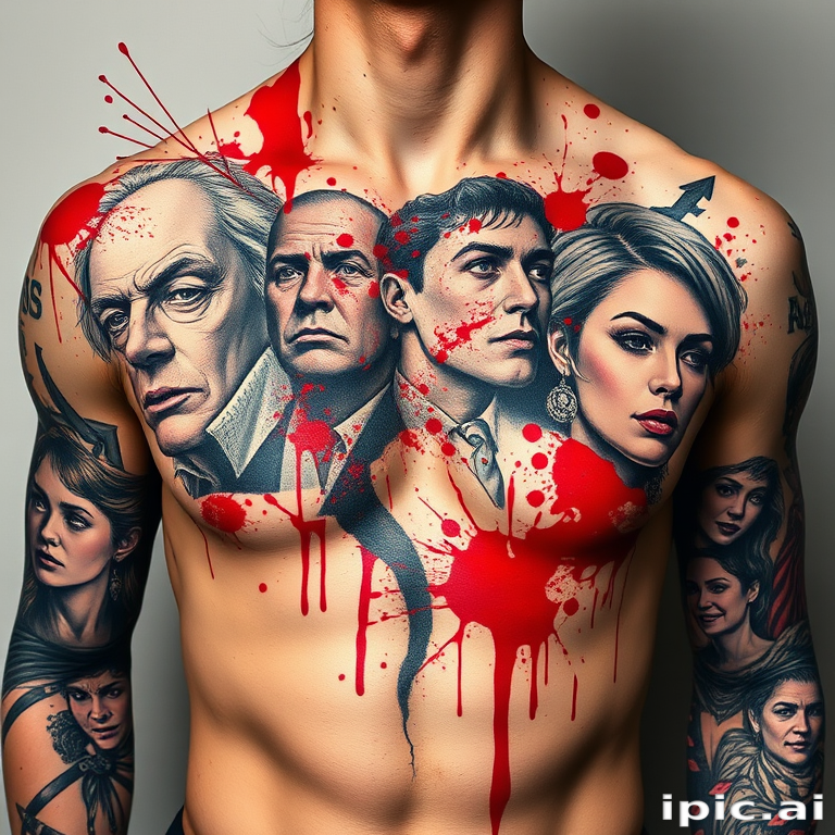 Dramatic trash polka tattoo spanning across the chest, combining realistic portraits with abstract elements and splashes of vibrant red ink, creating a chaotic and visually striking composition