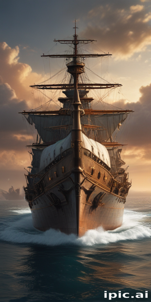 Majestic Sailing Ship Cutting Through Calm Waters at Sunset Horizon.