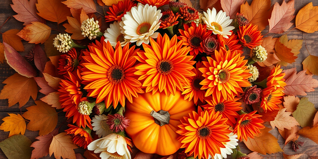 Create a vibrant autumn floral arrangement featuring orange and white flowers, a pumpkin, and assorted leaves, captured with a 50mm lens, f/1.8 aperture, ISO 100, top-down view, using a DSLR camera for enhanced detail and color richness.