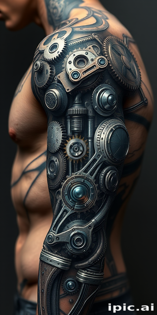 Realistic 3D biomechanical tattoo dubbed "Cybernetic Evolution" depicting hyper-detailed mechanical components seamlessly merging with human anatomy gears pistons and circuitry appear to lie just beneath the surface of the skin creating an illusion of a futuristic cyborg enhancement meticulously shaded to achieve a striking three-dimensional effect